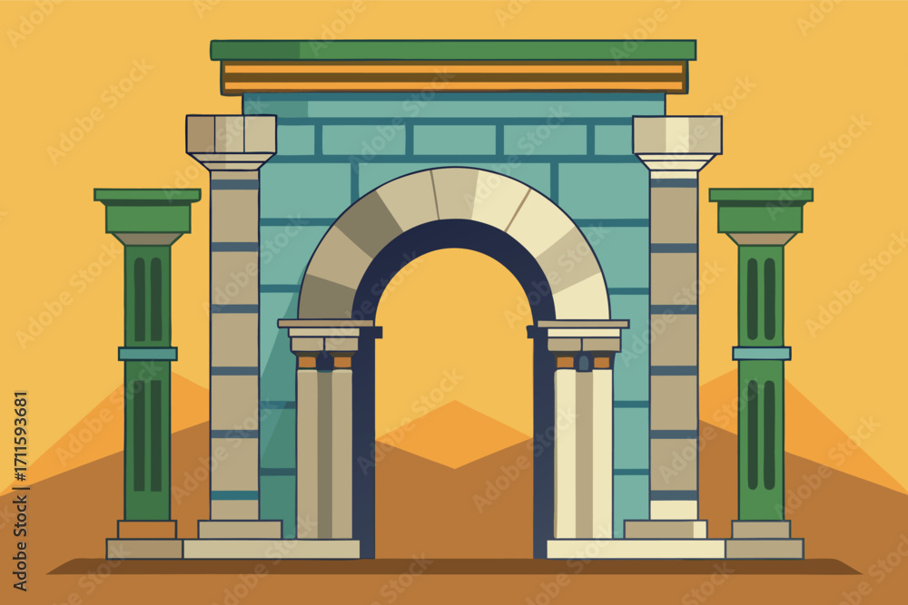 Fototapeta premium Archway stands proudly against a vibrant sunset over a sandy landscape in a stylized illustration