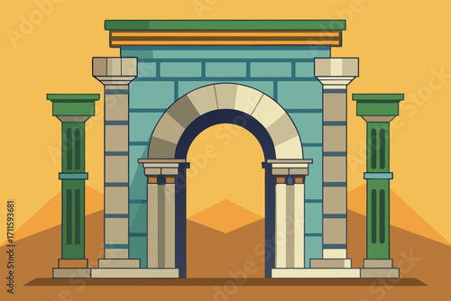 Archway stands proudly against a vibrant sunset over a sandy landscape in a stylized illustration