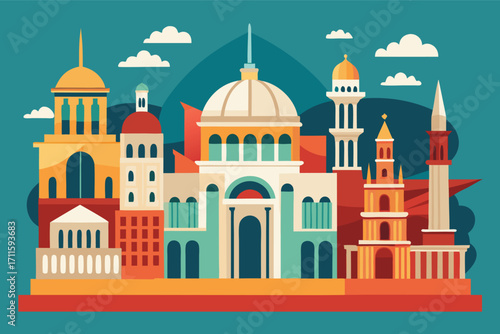 Colorful skyline featuring various architectural styles against a bright backdrop
