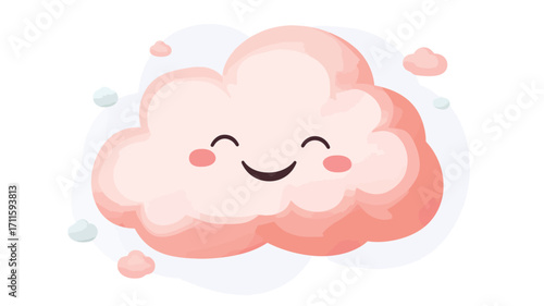 A digital illustration of a cartoon cloud character. The cloud is light pink with a soft, fluffy texture. It has a large, simple smiling face with rosy cheeks. The background is a light blue with