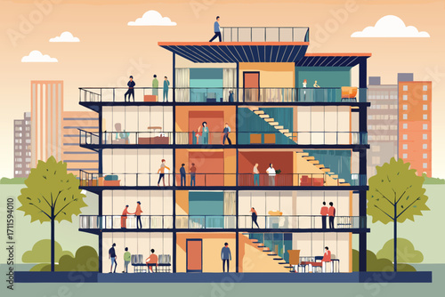 Modern urban apartment building with diverse activities happening during sunset