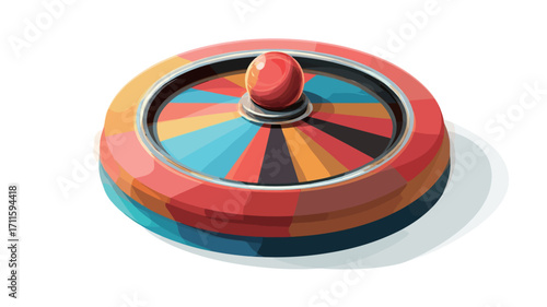 Isometric illustration of a colorful wheel of fortune. The wheel is divided into segments of various colors (red, orange, yellow, blue, green, and black) with a central indicator/pointer.