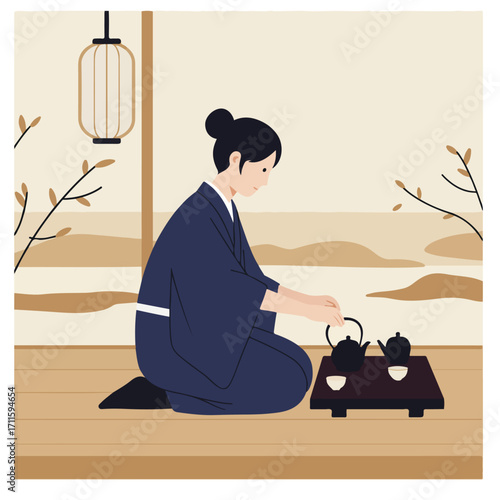 Illustration of a person in kimono performing tea ceremony, with a warm, minimal aesthetic