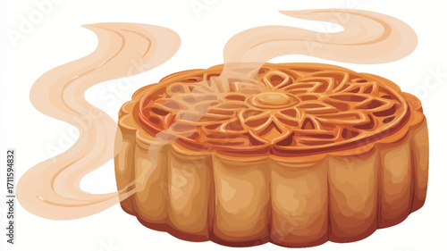 A digital illustration of a single round mooncake.  The mooncake is light brown/golden in color with an intricate floral pattern embossed on the top.  The illustration style is slightly painterly,