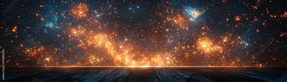 Naklejka premium A wooden surface beneath a vibrant cosmic sky filled with glowing nebulae and distant fireworks