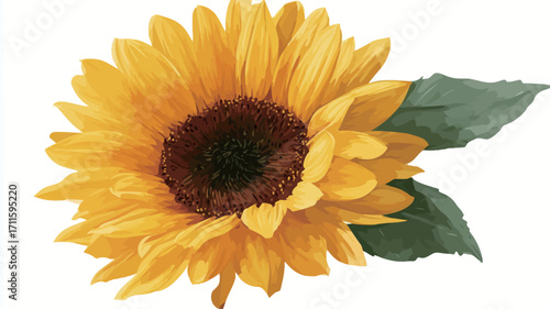 A digital illustration depicting a single sunflower in vibrant yellow. The sunflower is presented in a close-up view, showcasing its numerous petals radiating from a dark brown center. 