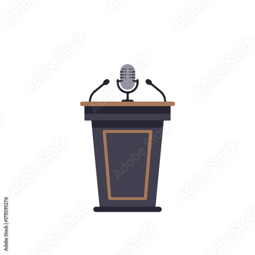 Isolated podium with central microphone and two side microphones, on a white background