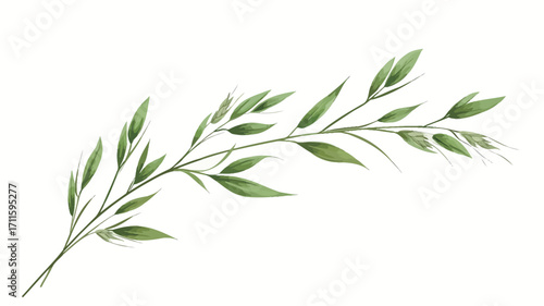 A digital watercolor painting depicting a single green branch with multiple leaves. The leaves are various shades of green, showing some variation in hue and saturation. 