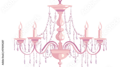 A digital illustration of a five-light pink crystal chandelier. The chandelier features a central, urn-shaped body with decorative curves and swirling details.  Each arm extends from the central