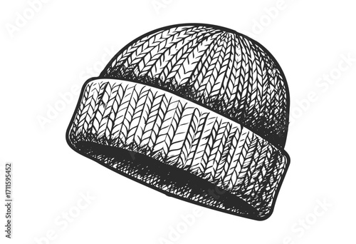 Hand-drawn knit winter beanie hat sketch - stock vector