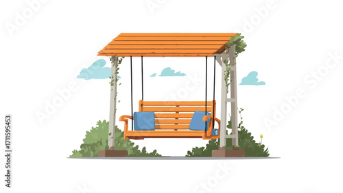 A digital illustration depicting a wooden garden swing with an orange wooden canopy. The swing has a light brown wooden frame and two blue cushions.  It is situated amidst green bushes and small