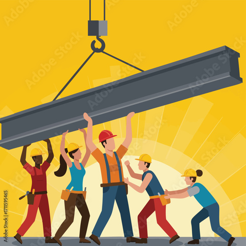 A diverse group of construction workers collaborates to lift a heavy steel beam, symbolizing teamwork and collective effort in building a strong future.