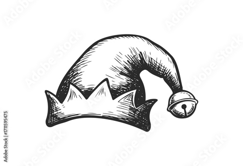 Vintage jester hat with bell illustration in black and white - stock vector