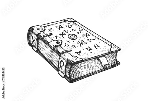 Ancient tome with mysterious symbols and leather binding - stock vector