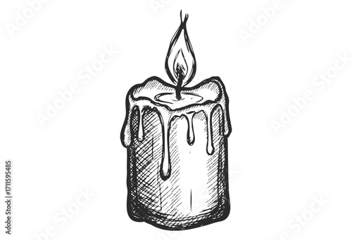 Hand-drawn melting candle with flickering flame in black and white sketch style - stock vector