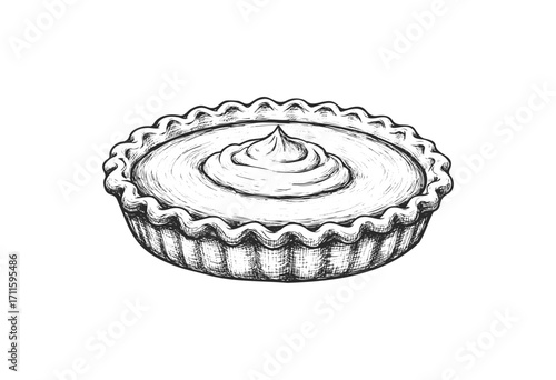 Hand-drawn tart with cream swirl in detailed black and white sketch style - stock vector