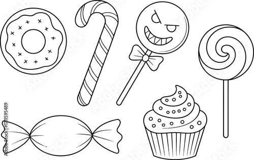 A collection of assorted sweets and candies, including a donut, candy cane, evil lollipop, swirl lollipop, wrapped candy, and cupcake.