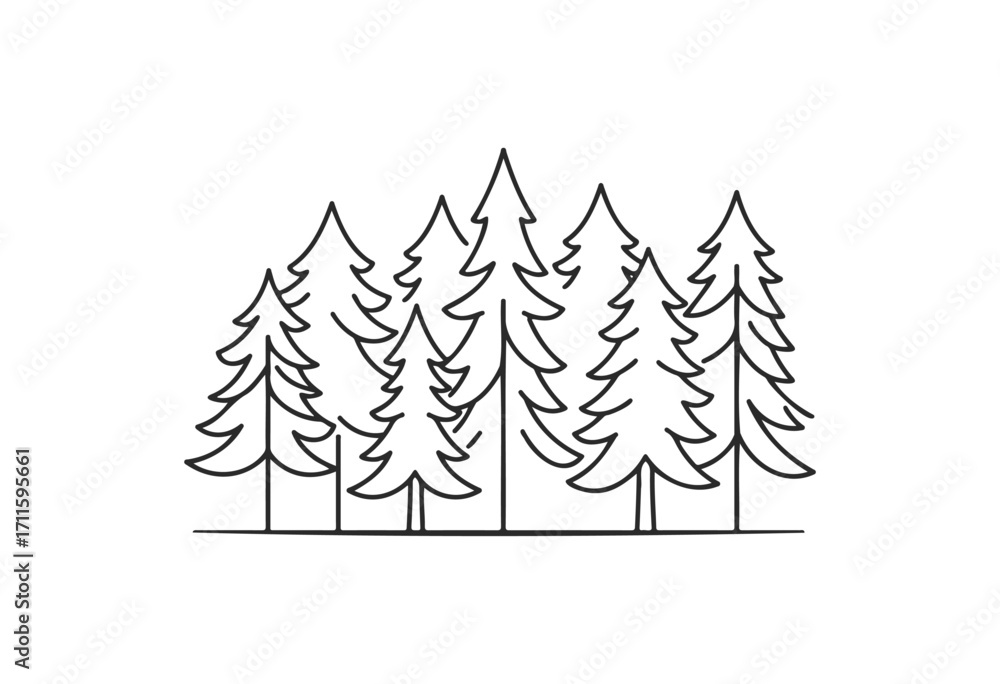 Fototapeta premium Black and white line art of pine trees in a forest scene - stock vector