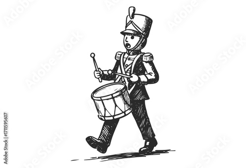 Cartoon marching drummer boy in uniform playing drum - stock vector