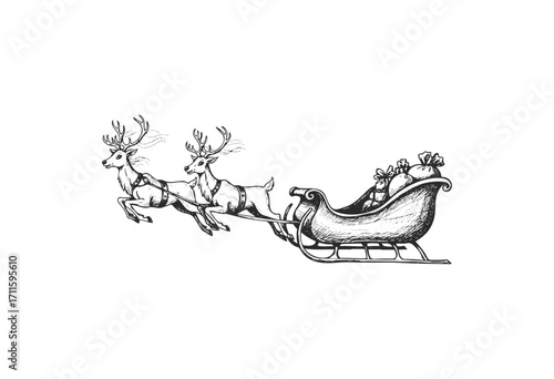 Vintage christmas sleigh with reindeer and gifts illustration - stock vector