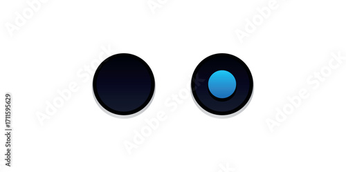 Two stylized eyes with oval shapes one dark and one with a blue pupil on a white background design