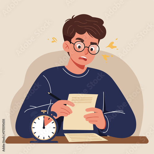 Stressed student stares at paper, timer visible, symbolizing pressure and impending deadline