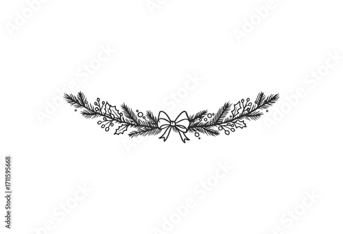 Festive garland with pine branches, berries, and bow for christmas decoration - stock vector