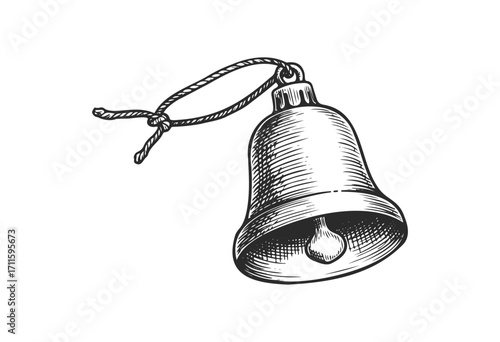 Vintage hand-drawn bell with rope: detailed black and white illustration - stock vector