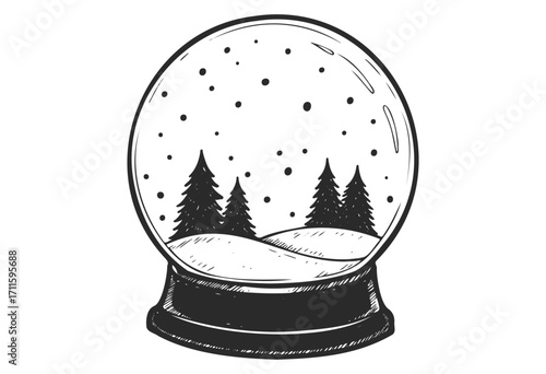 Vintage snow globe with winter scene and pine trees in black and white illustration - stock vector