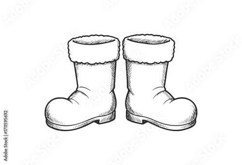Hand-drawn winter boots with fur lining in black and white sketch - stock vector