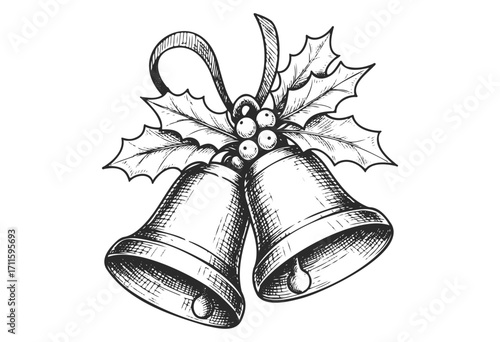 Vintage holiday bells with holly leaves and berries in black and white sketch - stock vector