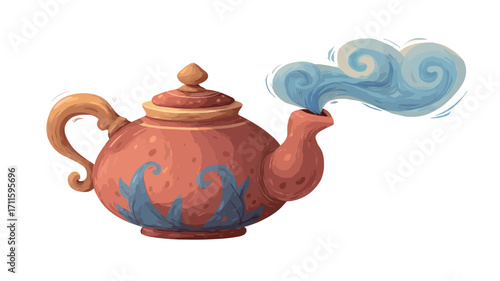 A digital illustration of a reddish-brown clay teapot with a gold-colored lid and handle.  The teapot features a blue decorative pattern on its body.  Light blue stylized steam is depicted rising