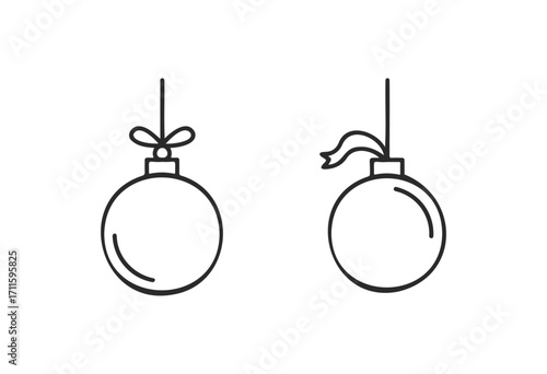 Minimalist christmas ornaments: simple line art of two baubles with ribbons - stock vector