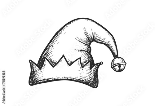 Hand-drawn festive christmas elf hat with bell in black and white sketch - stock vector