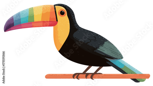 Illustration of a toucan perched on an orange branch. The toucan is depicted in a cartoonish style with a large, colorful beak featuring shades of red, orange, yellow, green, blue, and purple