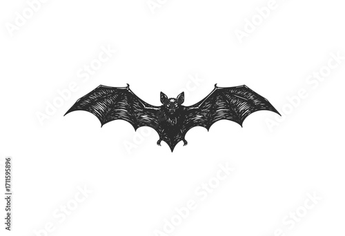 Detailed vintage hand-drawn bat illustration with outstretched wings - stock vector