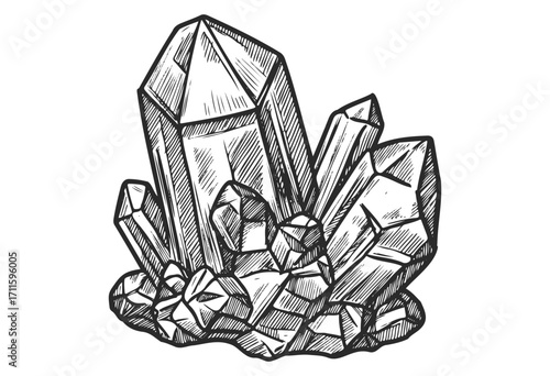 Intricate black and white sketch of quartz crystal cluster - stock vector