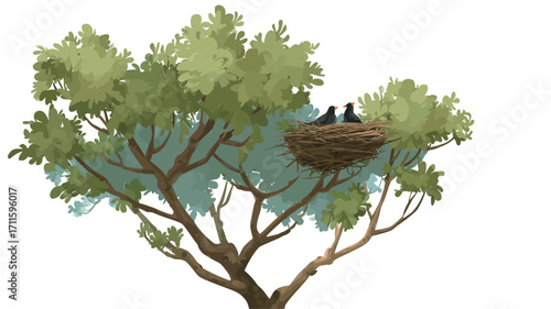 Digital painting or illustration of a tree with a bird's nest containing two birds. The tree has green and blue-green leaves and brown branches.  The nest is made of twigs and is situated among 