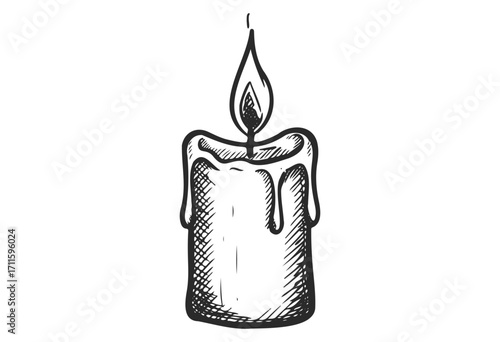 Detailed hand-drawn candle with melting wax and flame - stock vector