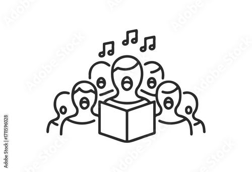 Choir icon with singing group and musical notes in simple line art style - stock vector