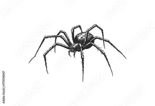 Detailed black and white illustration of a spider with long legs - stock vector