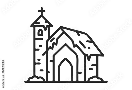Snow-covered gothic church icon with bell tower in winter - stock vector