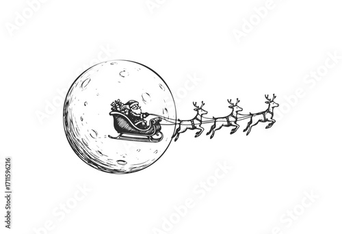 Santa claus flying past full moon with sleigh and reindeer in vintage style - stock vector