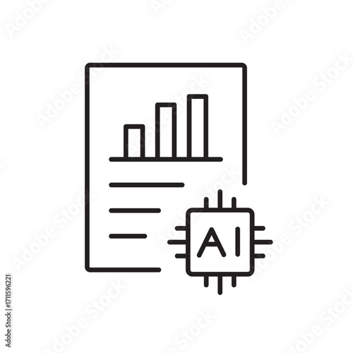 A vector icon of a document with charts and an AI chip, representing AI-powered report generation, created in line style with editable stroke