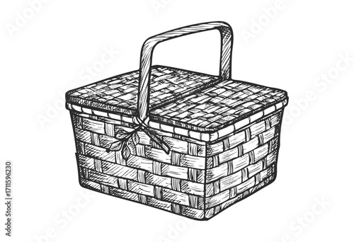 Hand-drawn woven picnic basket with lid and handle in black and white sketch style - stock vector