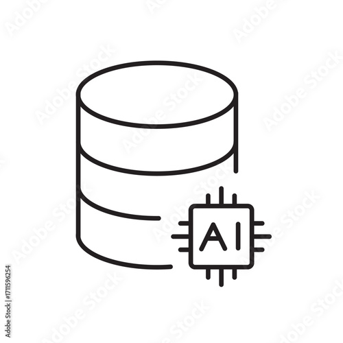 A vector icon of a cloud and database with AI chip, representing AI-driven big data processing, created in line style with editable stroke