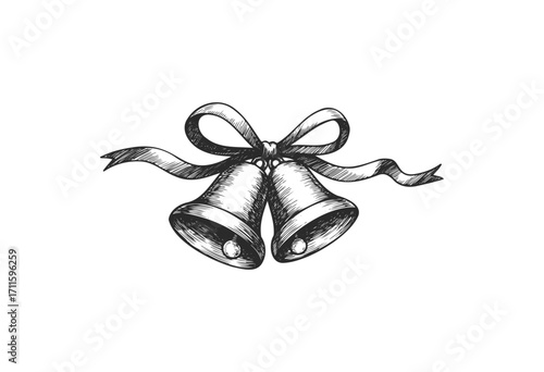 Black and white sketch of jingle bells with ribbon for festive decor - stock vector