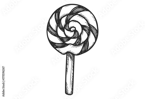 Hand-drawn spiral lollipop sketch with circular swirl on stick - stock vector