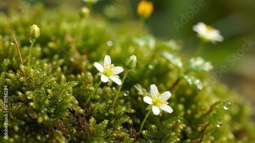 Wallpaper Mural Delicate tiny white flowers bloom on lush green moss after a gentle rain Torontodigital.ca