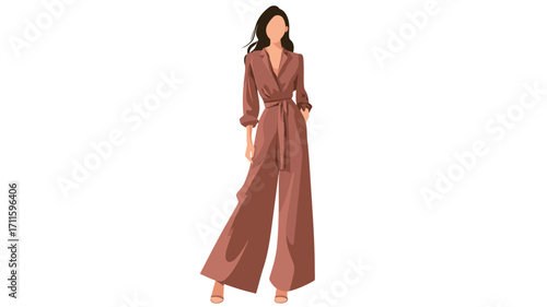 The image is a vector illustration depicting a full-length view of a stylized woman. She is wearing a terracotta or rust-colored wide-leg jumpsuit with long sleeves and a self-belt.